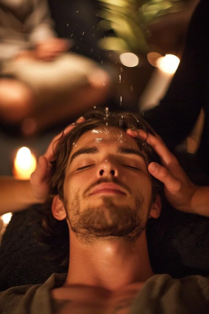 Man receiving ELDOA therapy massage with water droplets, relaxed expression, soothing ambiance with candles and greenery in Long Island City wellness studio.