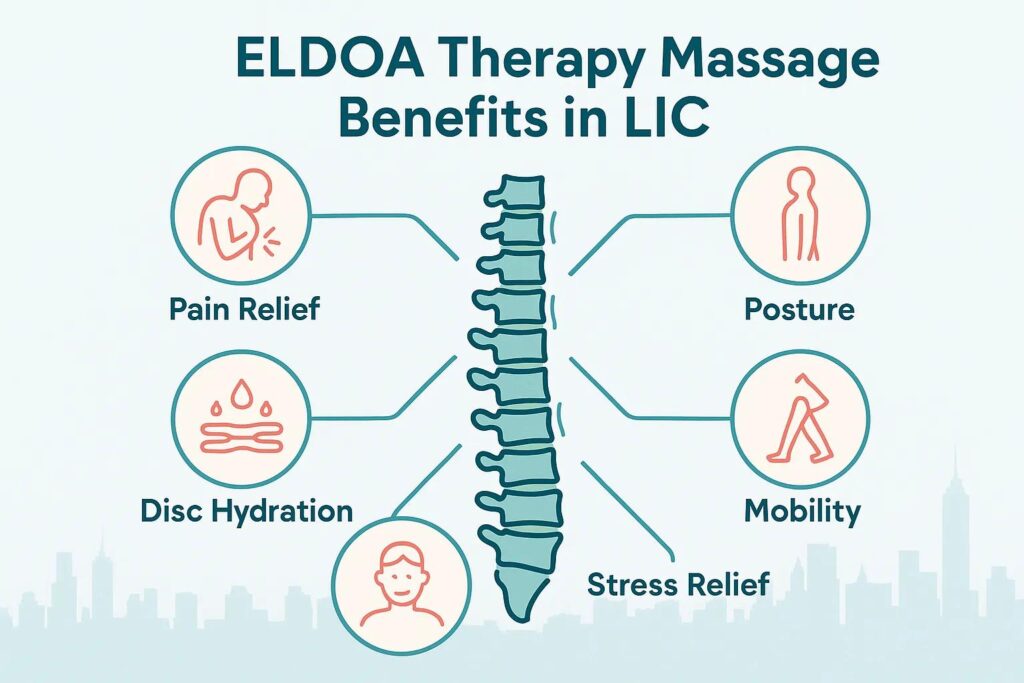 ELDOA therapy massage benefits infographic highlighting pain relief, posture improvement, disc hydration, mobility enhancement, and stress relief, with a stylized spine illustration, in Long Island City.