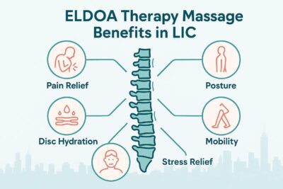 ELDOA therapy massage benefits infographic highlighting pain relief, posture improvement, disc hydration, mobility enhancement, and stress relief, with a spine illustration, relevant to wellness services in Long Island City.