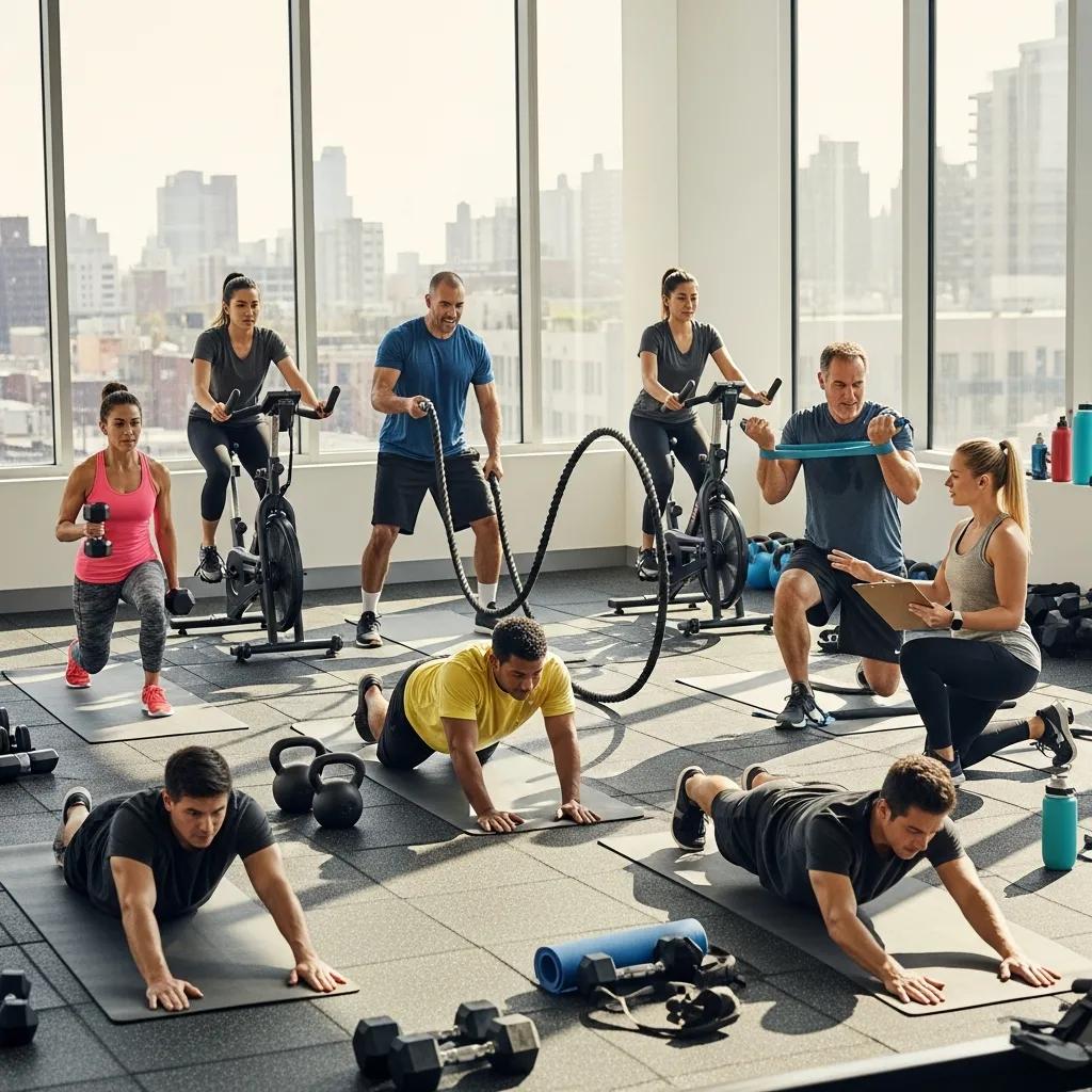 Group fitness class in Long Island City with diverse participants engaging in various exercises, including strength training and mobility work, highlighting customized workout plans for efficient results.