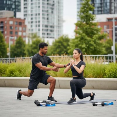 Personalized fitness coaching session in Long Island City, featuring a coach guiding a client through tailored workouts outdoors with weights and a mat.