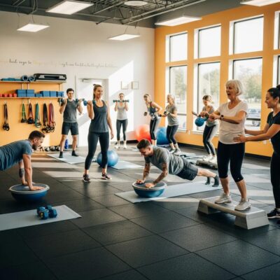 Group of diverse individuals engaging in strength and balance training at a fitness studio, showcasing core activation techniques and expert guidance for enhanced wellness and fitness.