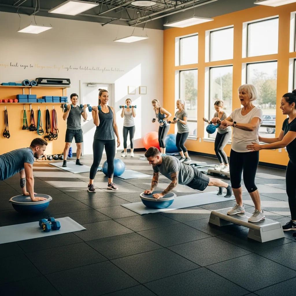 Boost Your Health: Strength Training Benefits in LIC 1 Group of diverse individuals engaged in strength and balance training at a fitness studio, utilizing exercise equipment like dumbbells and stability balls, promoting overall well-being and fitness.