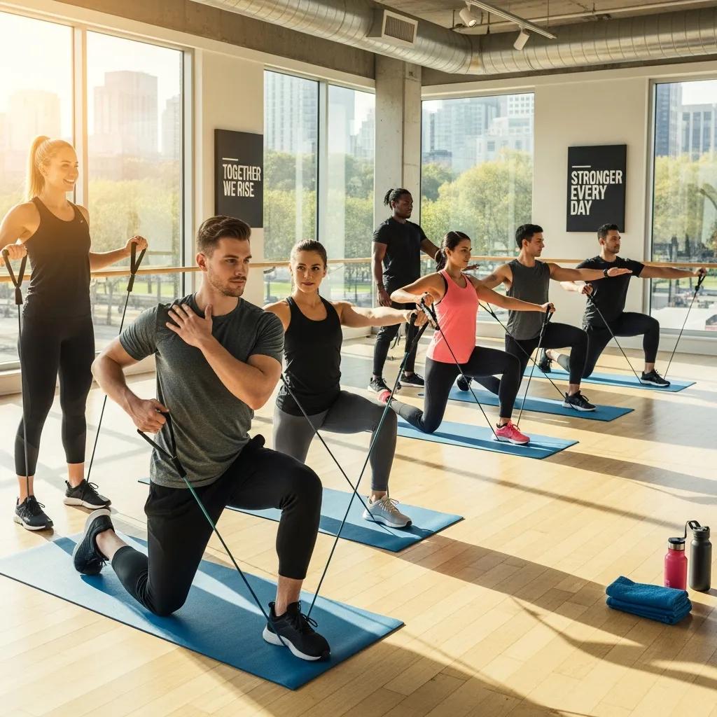 Participants in a small group fitness class at Dekhana Wellness Inc. using resistance bands, demonstrating support and camaraderie during a workout session.