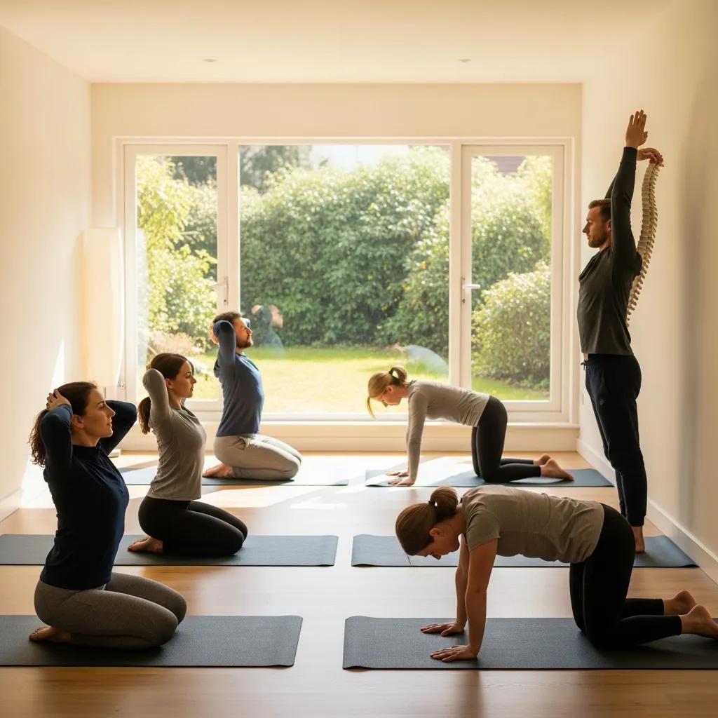 Boost Your Health: Strength Training Benefits in LIC 3 Participants in an ELDOA training class focusing on spinal health and alignment, performing dynamic exercises in a bright studio setting.