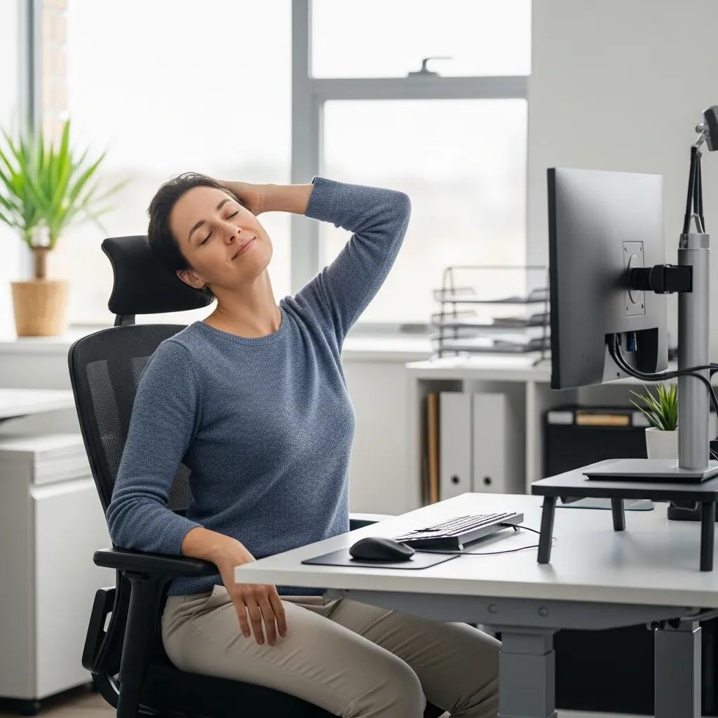 Person performing neck stretches at a desk to alleviate musculoskeletal pain in an office setting, emphasizing ergonomic practices and posture correction.
