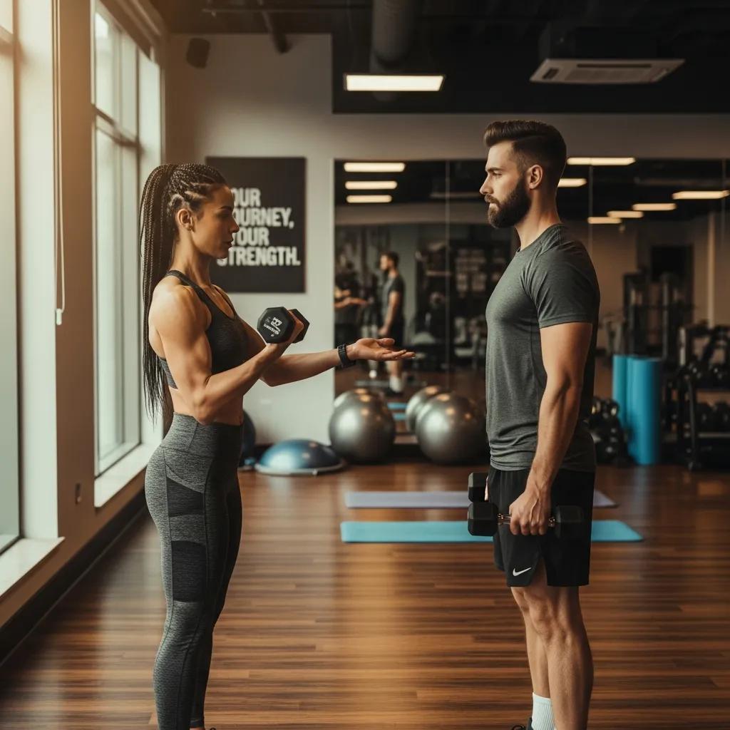 Boost Your Health: Strength Training Benefits in LIC 2 Personal trainer assisting male client with strength training using dumbbells in a fitness studio, emphasizing personalized fitness programs for balance and strength.