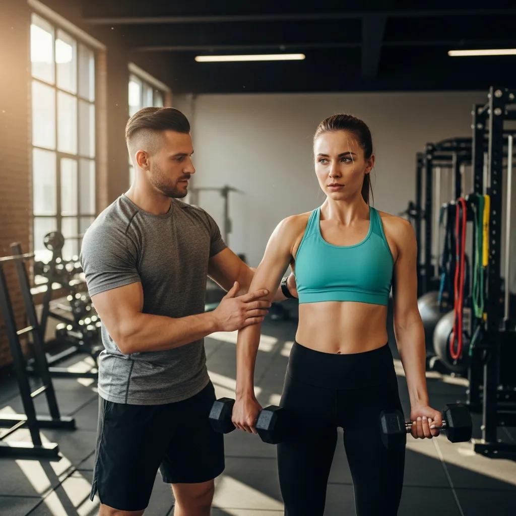 Personal trainer guiding a female client through a customized workout with dumbbells in a fitness studio, emphasizing personalized coaching and strength development.