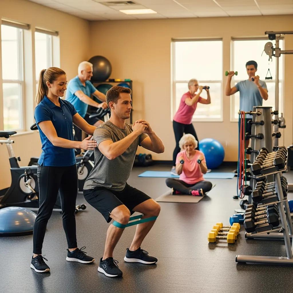 Personal trainer assisting a client with injury recovery exercises in a supportive gym environment, focusing on strength and mobility.