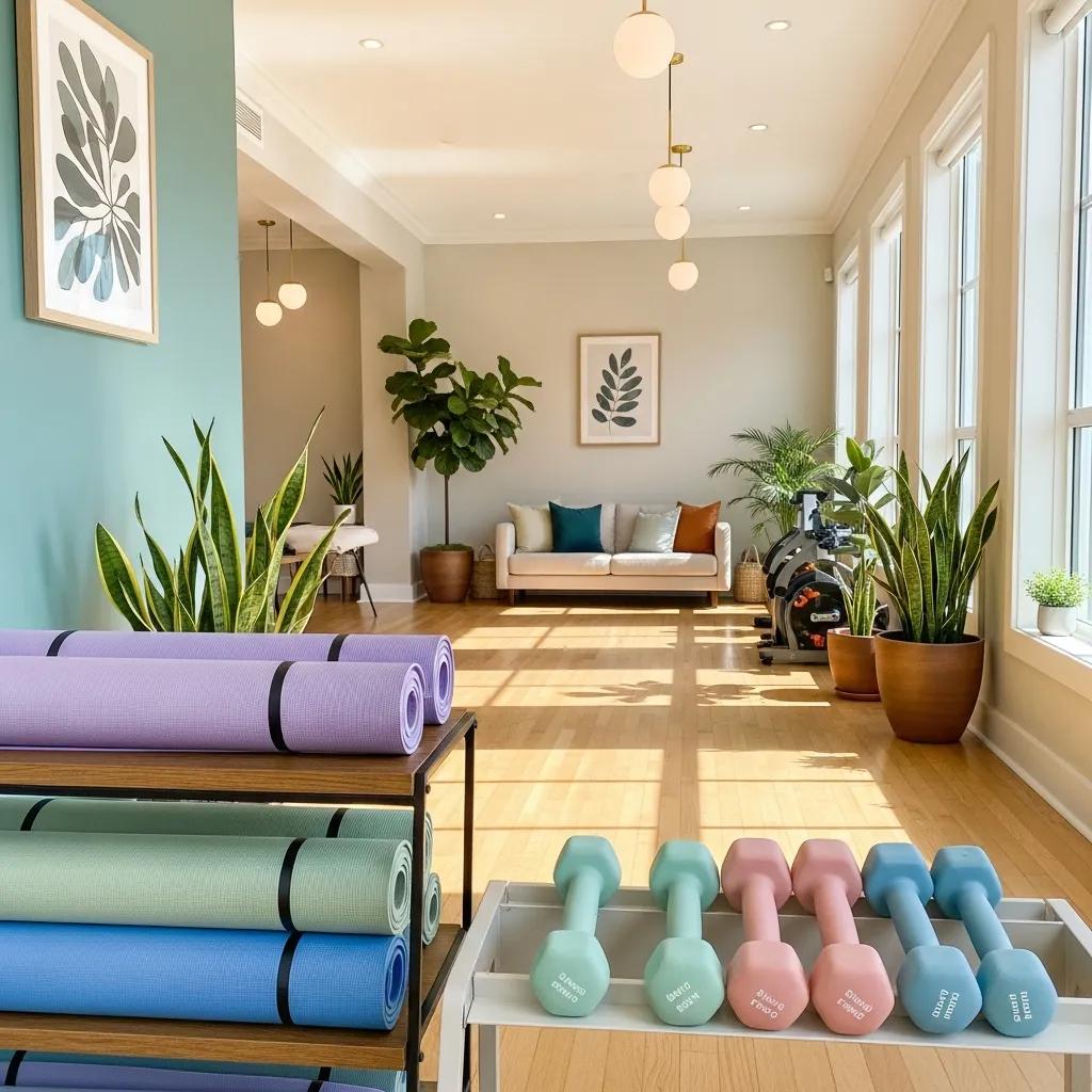 Wellness studio interior featuring fitness equipment, yoga mats, and a serene atmosphere with plants and natural light in Long Island City.