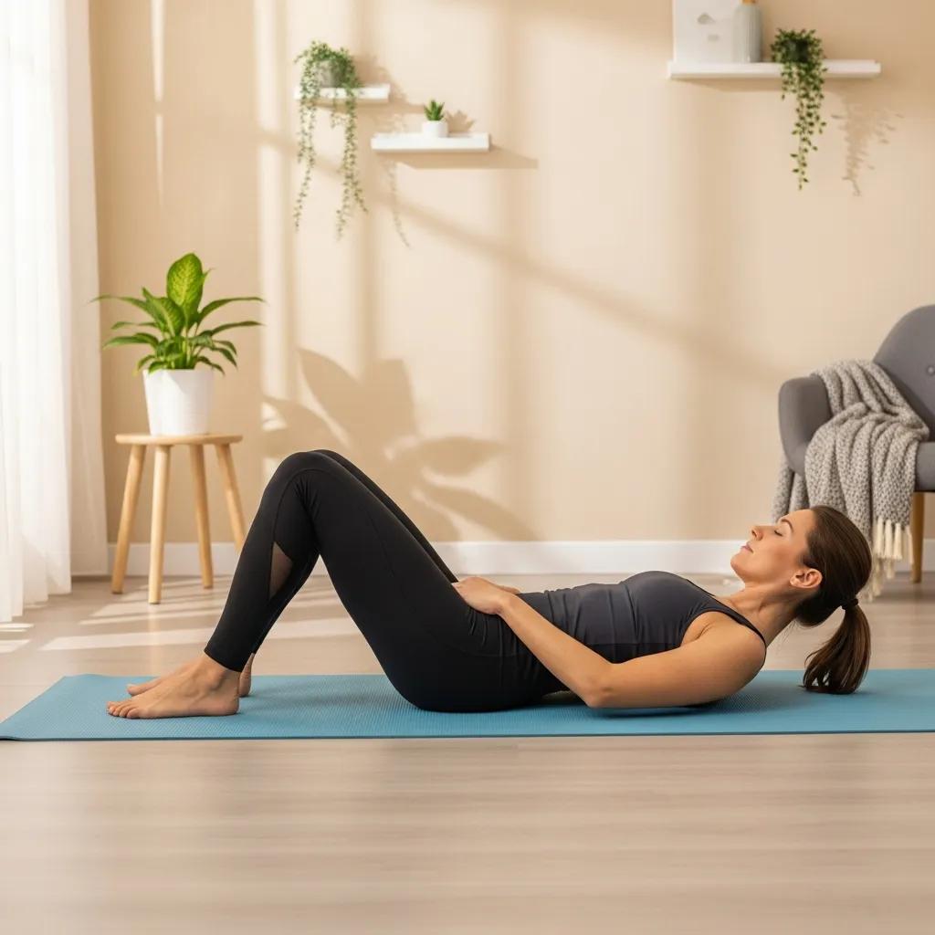 Beginner performing pelvic tilt exercise on yoga mat in serene home environment, promoting core activation for strength and stability.