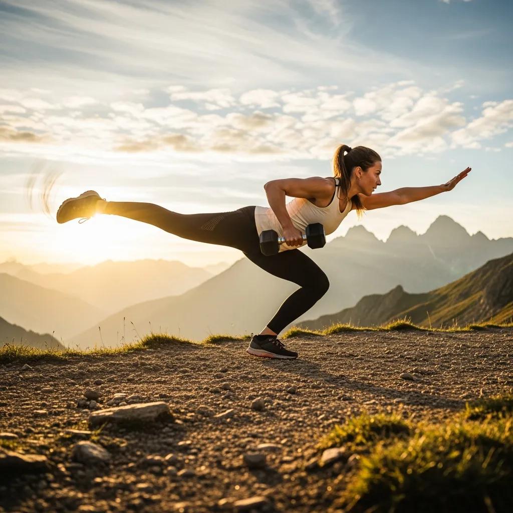 Individual performing a dynamic single-leg deadlift outdoors, showcasing strength and balance in a mountainous setting, emphasizing core activation and stability training.