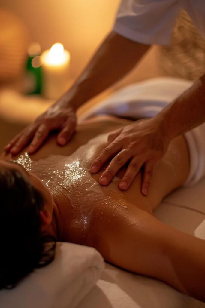 Deep tissue massage treatment in a serene setting, focusing on muscle relaxation and chronic pain relief, with soft lighting and calming ambiance.