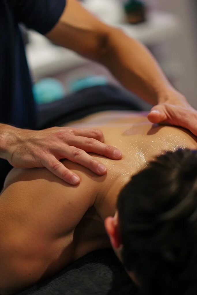 Therapist performing deep tissue massage on client’s back, emphasizing myofascial release techniques for chronic pain management at Dekhana Wellness Inc.