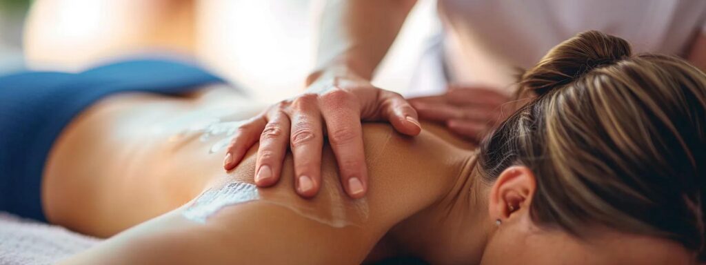 Therapist performing a deep tissue massage on a client, highlighting the personalized therapeutic approach at Dekhna Wellness for chronic pain management and overall well-being.