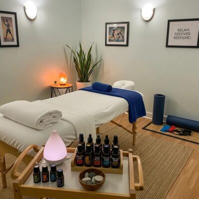 Relaxing massage therapy room featuring a massage table with white linens, essential oils, and wellness decor, emphasizing stress reduction and sports recovery in Long Island City.