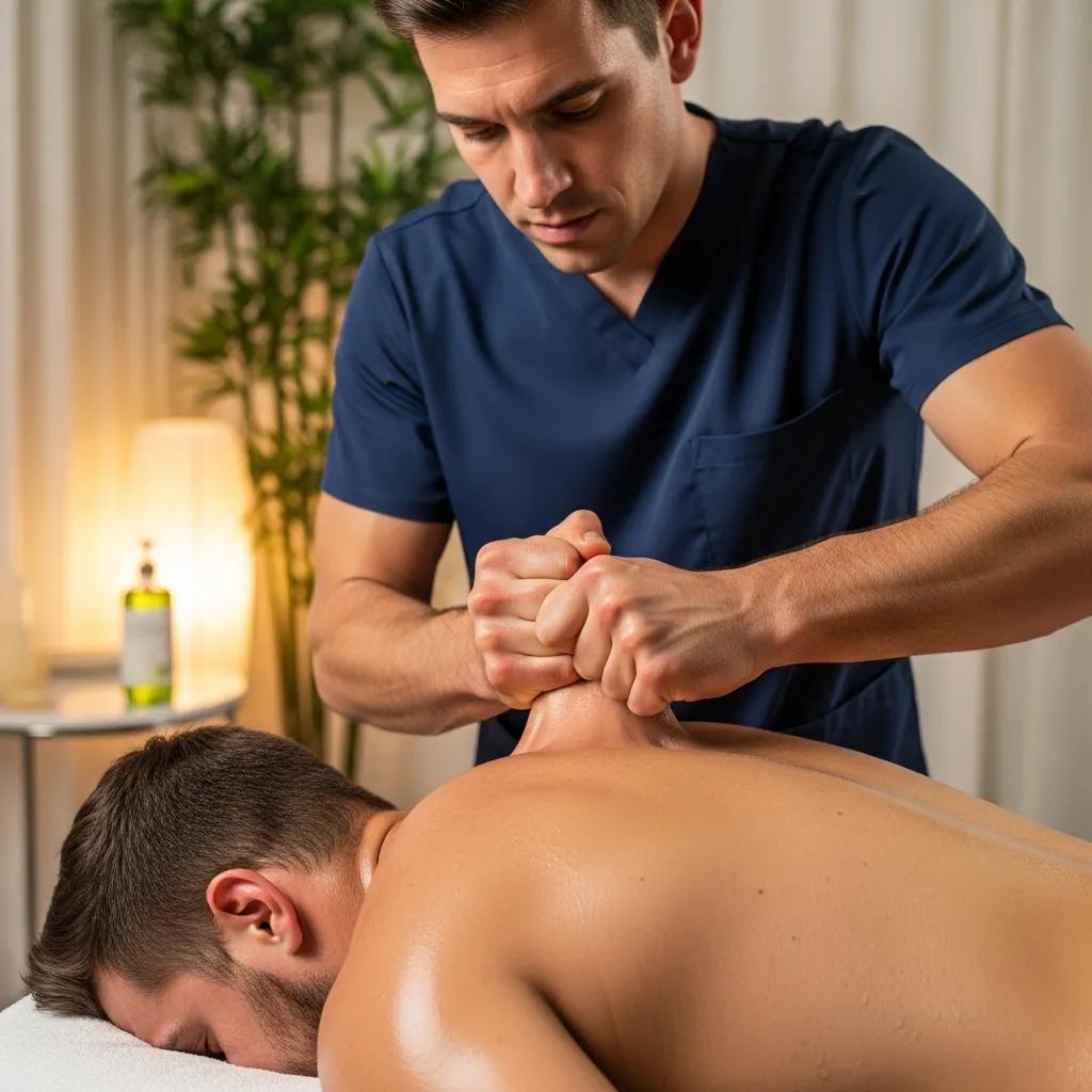 Therapist performing deep tissue massage on an athlete's back, focusing on muscle recovery and tension relief in a wellness studio setting.