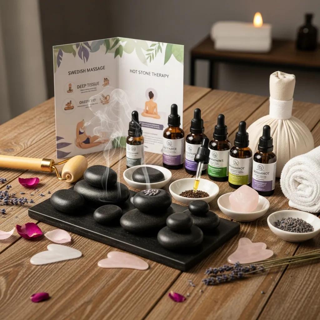 Display of massage therapy tools, essential oils, and stones for relaxation massage, including Swedish and hot stone therapy options, surrounded by lavender and rose petals, emphasizing wellness and tranquility.