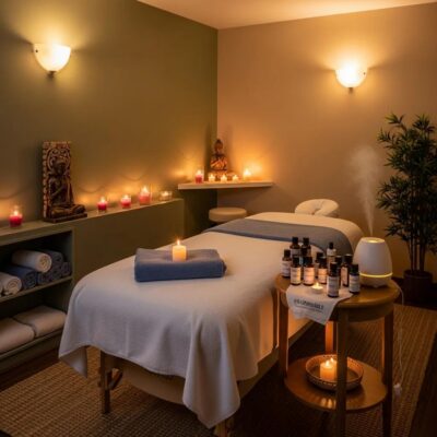Relaxation massage therapy room with calming ambiance, prepared massage table, candles, essential oils, and soothing decor, promoting stress reduction and wellness in Long Island City.