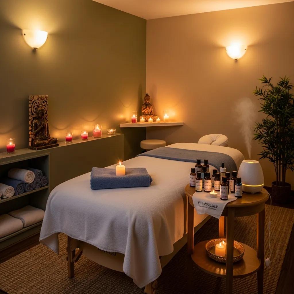 Relaxation massage therapy room with calming ambiance, prepared massage table, candles, essential oils, and soothing decor in Long Island City.