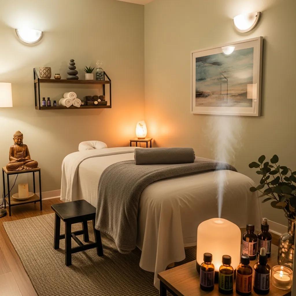 Relaxing massage therapy room featuring calming decor, soft lighting, massage table with gray blanket, essential oils, and a serene Buddha statue, ideal for targeted neck and back pain relief in Long Island City.