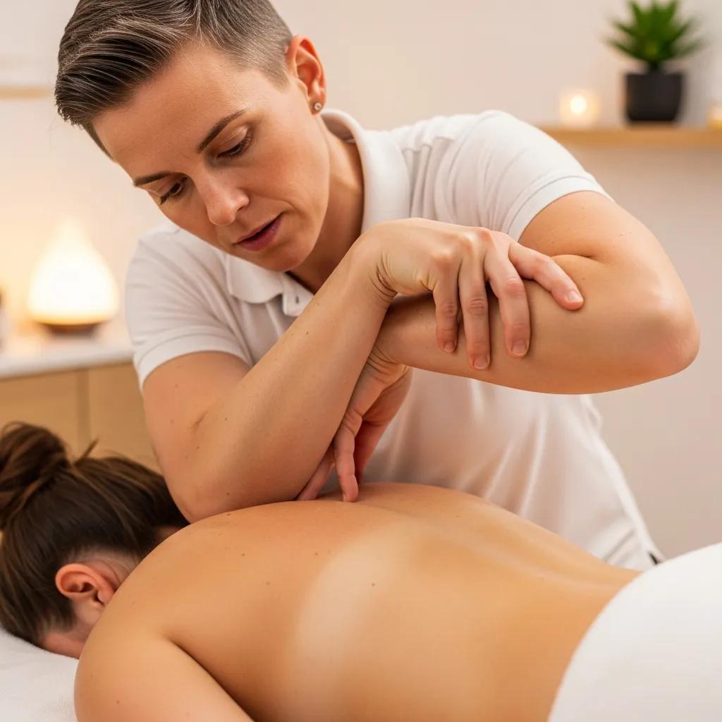 Therapist performing deep tissue massage on a client's back, focusing on muscle tension relief and promoting relaxation in a wellness setting.