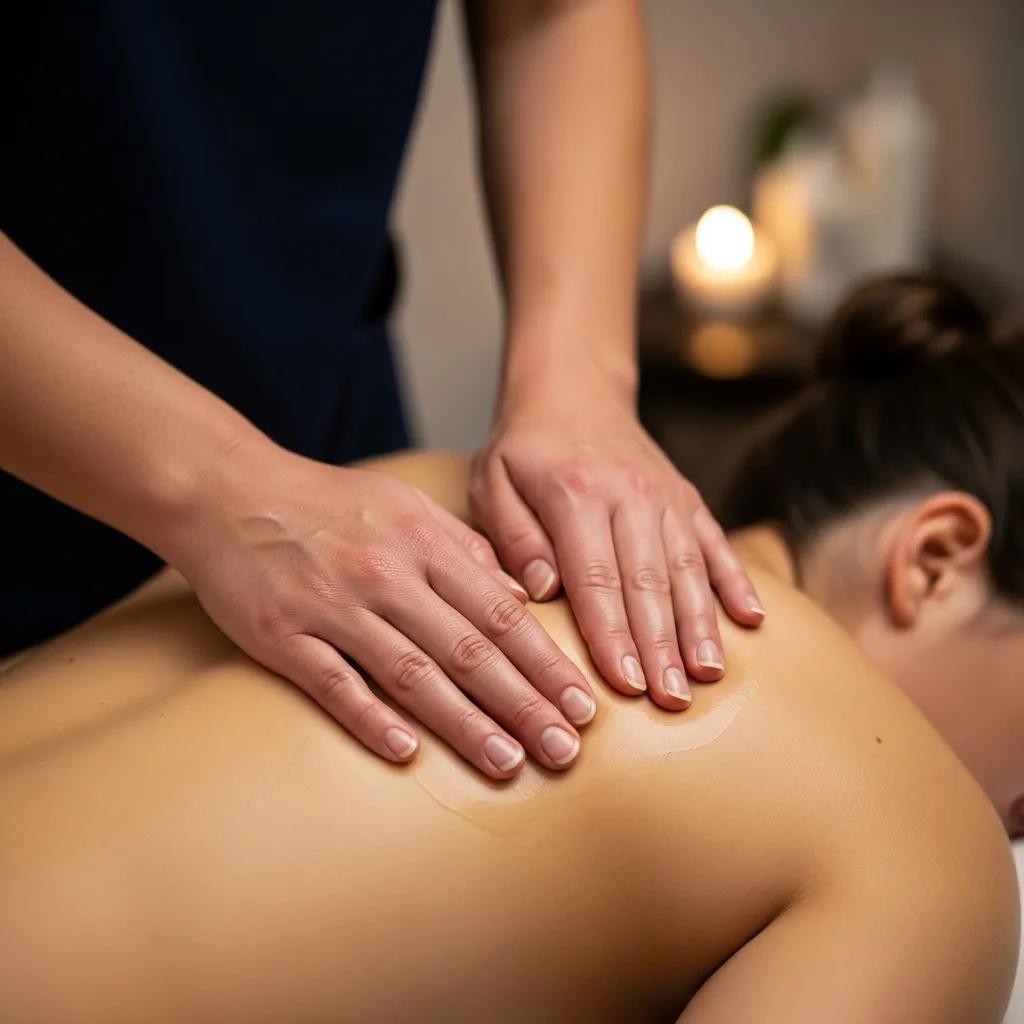 Therapist performing relaxation massage on client’s back, highlighting stress relief and wellness benefits in a serene spa setting.