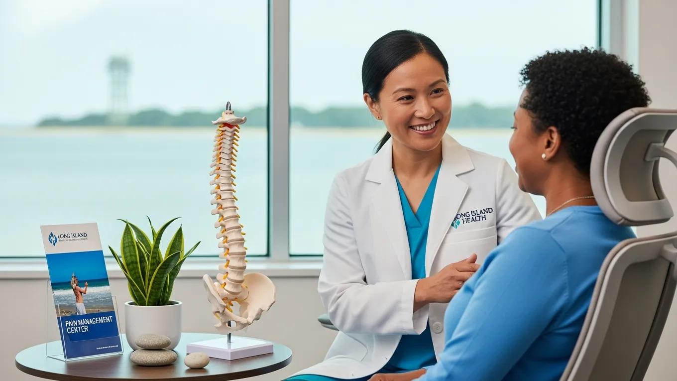 Healthcare professional discussing pain management options with patient at Dekhana Wellness Studio.