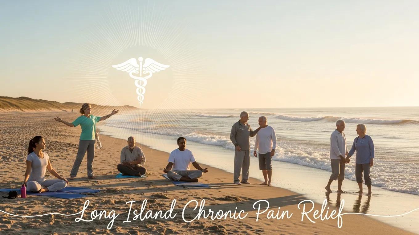 Group practicing ELDOA postures on beach, promoting chronic pain relief and wellness in Long Island.