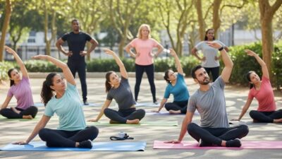 Diverse individuals engaging in personalized training in an urban park, showcasing empowerment through movement