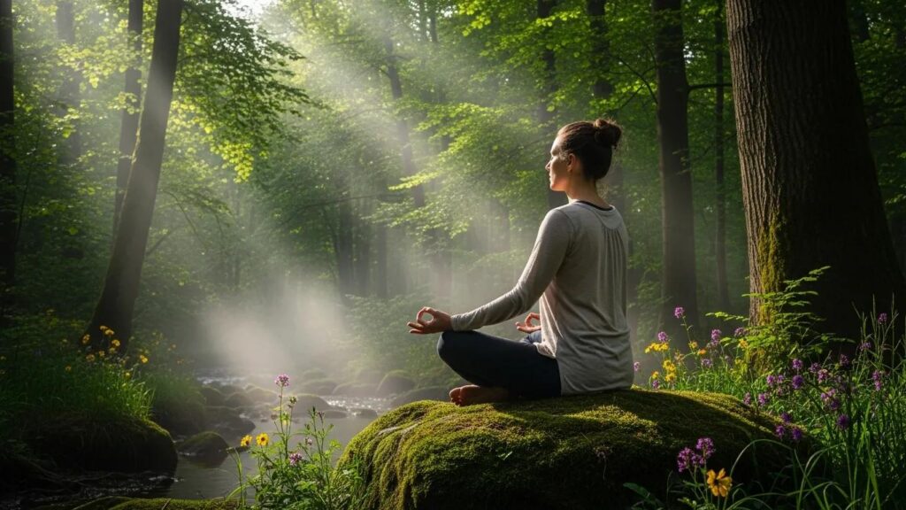 Person meditating in a serene forest setting, symbolizing mindfulness and the mind-body connection, surrounded by flowers and soft sunlight filtering through trees.